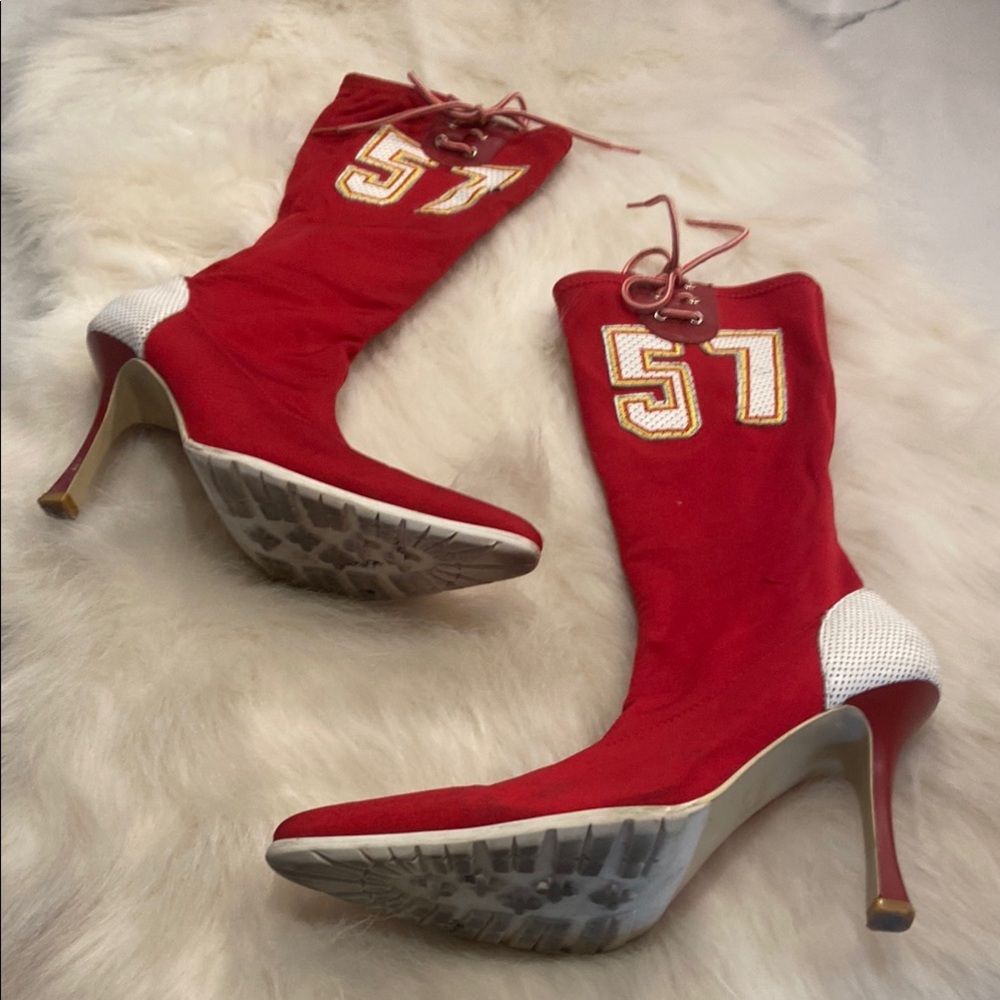 Red and White Heeled Boots with Athletic Flair. Can be machine washed.